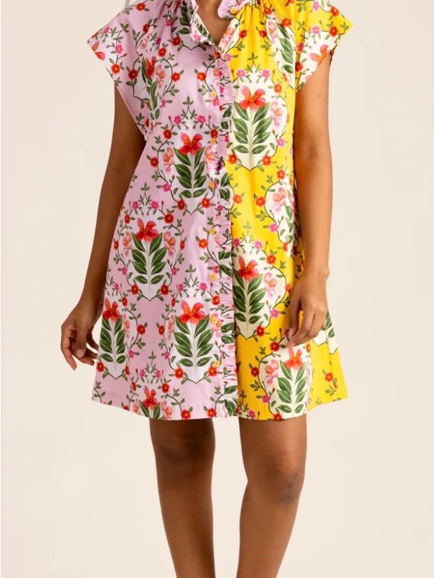 Alden Adair Margot Floral Split-Panel Shirt Dress In Pink & Yellow